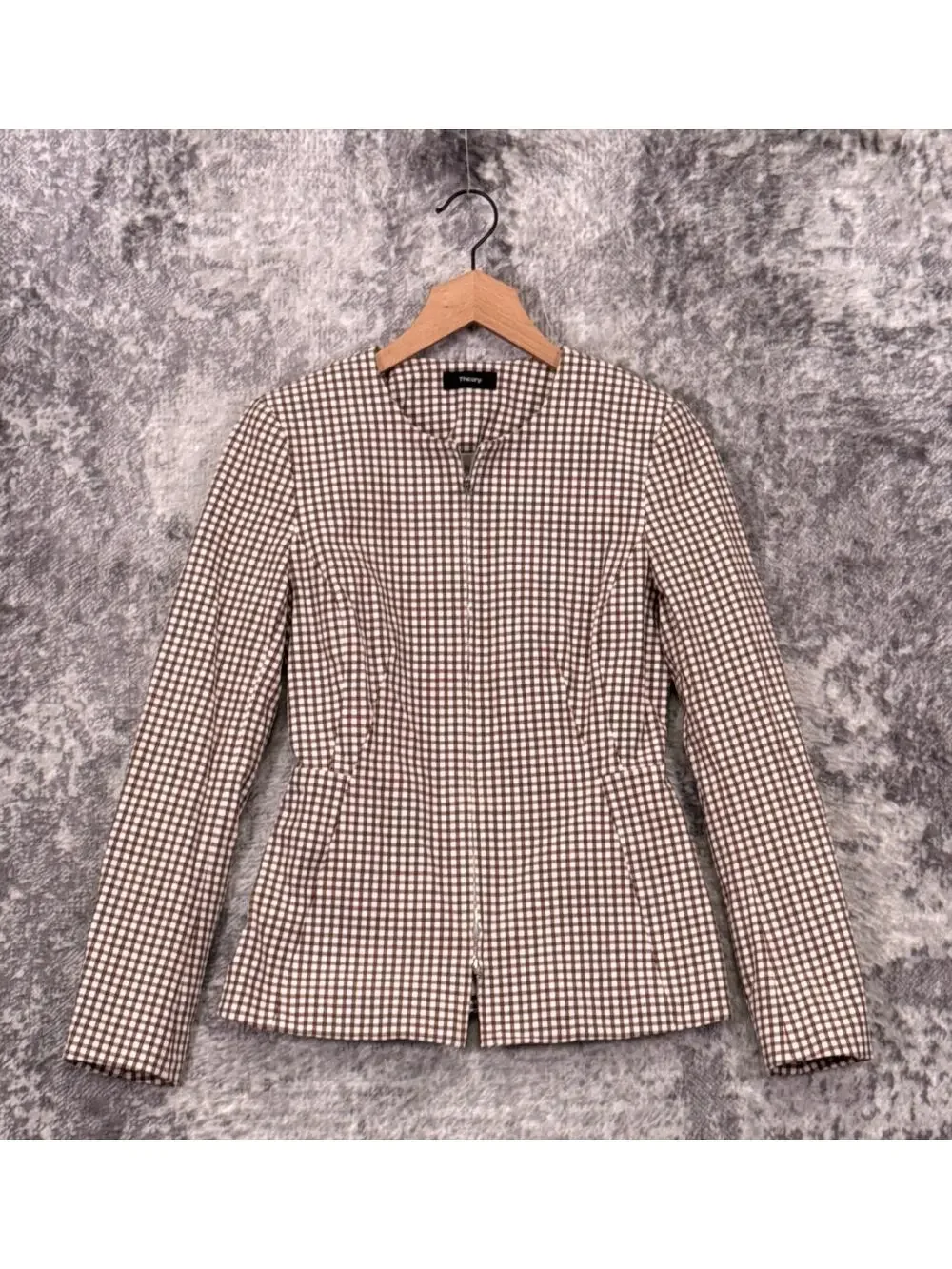 Theory Jacket 2 Womens Cotton Check Modern Collarless Full Zip Blazer